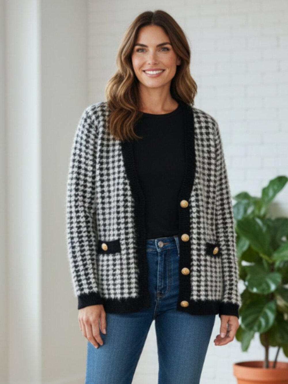 Tahari Eyelash Fringe SuperSoft Houndstooth Cardigan Sweater Black/White Size M